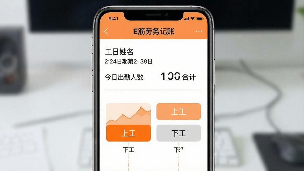 主体:E筋劳务记账App的记工页面截图,上方显示工人姓名与日期,下方有“上工”“下工”打卡按钮;布局:手机竖屏展示,界面简洁,重点突出打卡区域;排版:信息层级分明,按钮色彩醒目;风格:扁平化设计,白色背景搭配橙色点缀;细节:屏幕文字包含“E筋劳务记账”,显示今日出勤人数与工时合计;画质:高清,干净,无多余元素