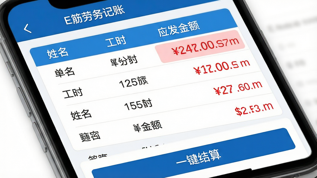 主体:E筋劳务记账App的工资结算界面,显示工人工资明细列表,每行有姓名、工时、应发金额;布局:列表式设计,底部有“一键结算”按钮;排版:数字对齐,表头高亮;风格:商务蓝风格,简洁大方;细节:屏幕上方有“E筋劳务记账”字样,金额用红色突出,并显示结算状态;画质:高清,干净,无多余元素