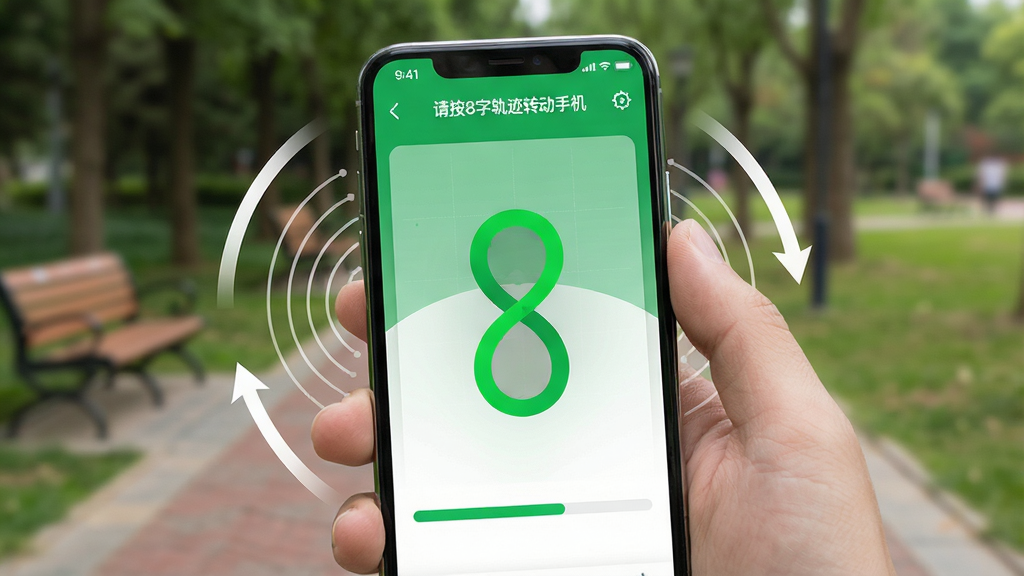 主体:一部智能手机被一只手握着,屏幕显示“罗盘定位”应用的校准界面,画面中有个绿色的“8”字轨迹动画。布局:手机屏幕特写,背景为虚化的公园实景,手部动作自然。排版:屏幕上方有“请按8字轨迹转动手机”的引导文字,下方有进度条显示校准进度。风格:教学指导风格,UI界面友好,色彩明快,绿色与白色为主。细节:手机周围有几条表示旋转方向的白色弧线动态效果,屏幕边缘有磁力线示意图。画质:高清实拍结合AR增强现实效果,焦点清晰,画质干净,无多余元素。