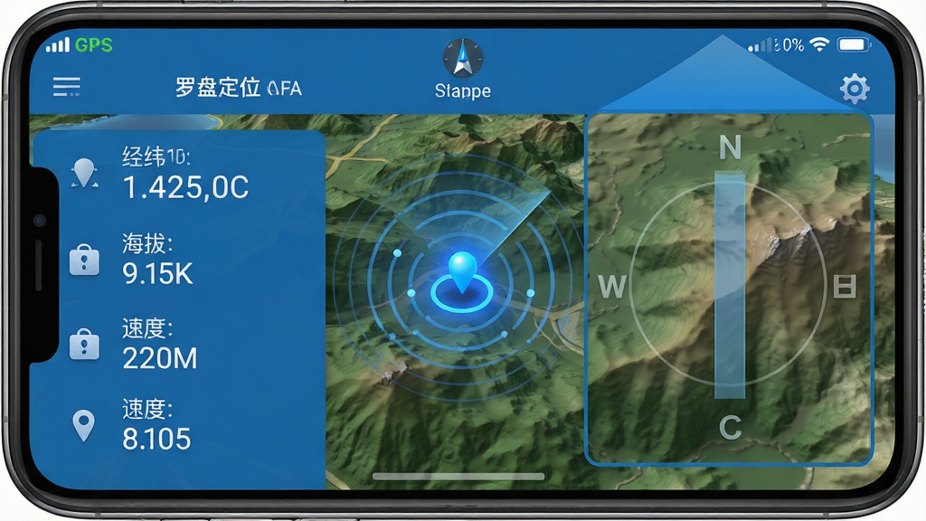 主体:智能手机展示“罗盘定位”应用的卫星定位界面,背景为高清3D地形图,画面中心有一个闪烁的蓝色定位点。布局:左侧为数据面板,显示经纬度、海拔、速度等实时数据,右侧为放大的地形视图,整体采用左右分栏布局。排版:数据面板字体清晰,采用等宽数字字体,地形视图上有半透明的方向标线。风格:科技蓝主色调,扁平化设计结合微质感图标,简洁明快。细节:定位点周围有雷达波纹扩散效果,屏幕顶部状态栏显示GPS信号强度图标。画质:高分辨率,色彩鲜艳,光影自然,画质干净,无多余元素。