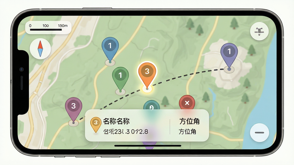 主体:手机横屏显示“罗盘定位”应用的离线地图模式,地图上分布着数个不同颜色的图钉标记点。布局:地图占据整个屏幕,底部弹出一个半透明的记录详情卡片,显示标记点的名称、坐标和方位角。排版:图钉标记带有数字序号,与卡片内容一一对应,地图左上角有比例尺和指北针小部件。风格:户外运动风格,地图配色柔和,UI控件圆润,适合单手操作。细节:其中一个图钉标记高亮显示,并有一条虚线连接至下一个标记点,模拟路径规划。画质:细腻的矢量地图渲染,色彩过渡自然,画质干净,无多余元素。