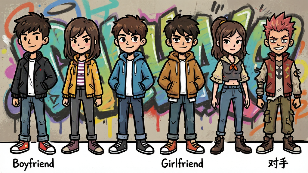 主体:游戏角色集合图,包括Boyfriend、Girlfriend、对手们;布局:横向排列,角色全身像,背景为涂鸦墙;排版:角色名字标注在下方;风格:卡通手绘风,线条粗犷,色彩明快;细节:每个角色表情各异,服装细节丰富;画质:高清,干净,无多余元素。
