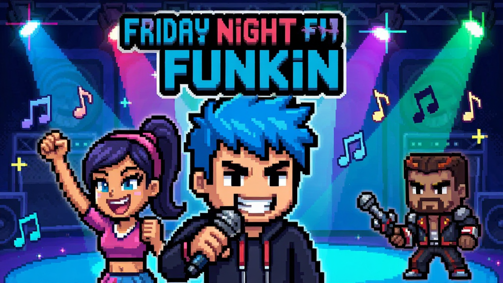 主体:Friday Night Funkin游戏封面,蓝发Boyfriend手持麦克风,女友Girlfriend在旁加油,对面站着对手;布局:中心构图,人物居中,背景为霓虹舞台;排版:游戏标题“Friday Night Funkin”置于顶部,下方为角色群像;风格:像素卡通风格,鲜艳色彩,复古游戏质感;细节:角色表情生动,舞台灯光闪烁,音符飘散;画质:高清,干净,无多余元素。