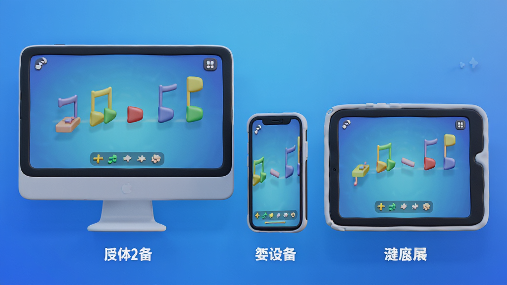 主体:多设备展示,包括电脑、手机、平板同时运行游戏;布局:设备平铺,屏幕中显示游戏画面;排版:设备下方标注平台名称;风格:3D渲染风,背景为渐变蓝色;细节:屏幕中音符清晰可见,设备边框圆润;画质:高清,干净,无多余元素。