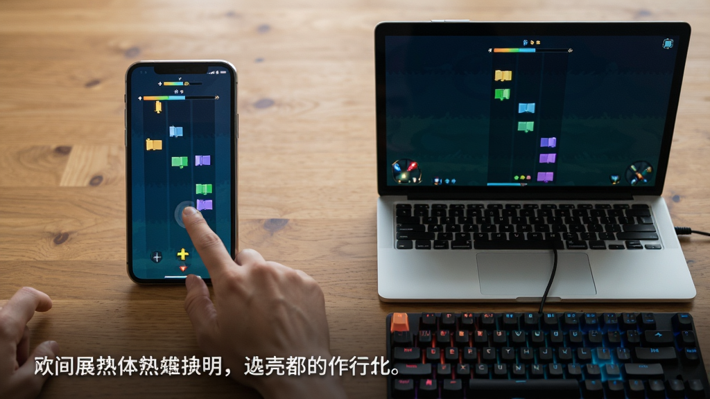 主体:手机与电脑并排运行游戏,屏幕中显示音符下落;布局:左右对称,设备居中;排版:下方附操作说明文字;风格:写实摄影风,背景为木桌;细节:手指在屏幕上点击,键盘上方向键发光;画质:超清,干净,无多余元素。