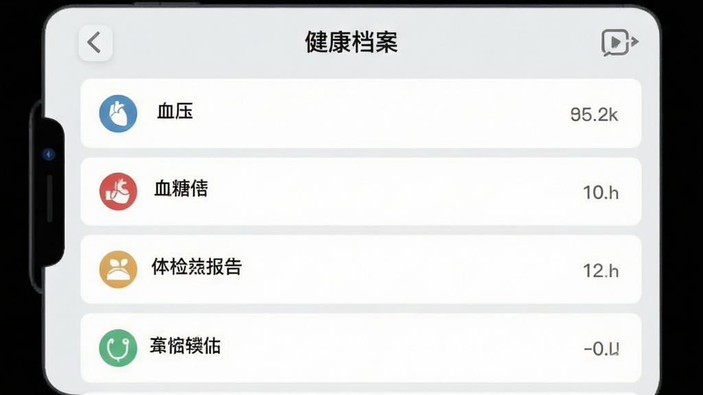 医家APP的“健康档案”功能页面,以列表形式展示血压、血糖、体检报告等条目,每个条目配有清晰的小图标,背景为浅灰色,界面风格简洁,排版整齐,画质干净,无多余元素