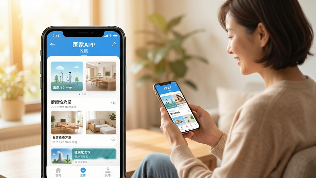 医家APP使用场景示意图,前景为一部手机显示应用界面,背景为一位用户正拿着手机阅读健康资讯,画面明亮,风格温馨,布局均衡,画质高清,干净无多余元素