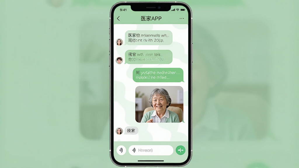 医家APP聊天界面,显示医患对话气泡,包含文字和图片消息,底部有语音输入按钮,界面配色以淡绿色和白色为主,风格友好,细节清晰,画质干净,无多余元素