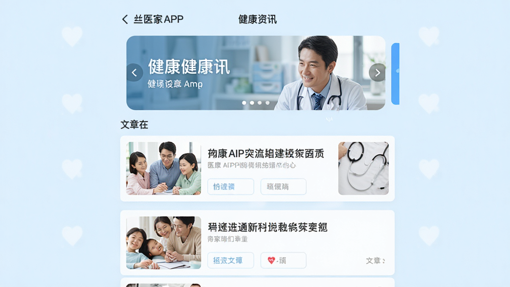 医家APP的“健康资讯”页面,顶部为轮播图,下方为文章列表配有小图,界面采用卡片式设计,背景为浅蓝色,风格清新,排版清晰,画质干净,无多余元素