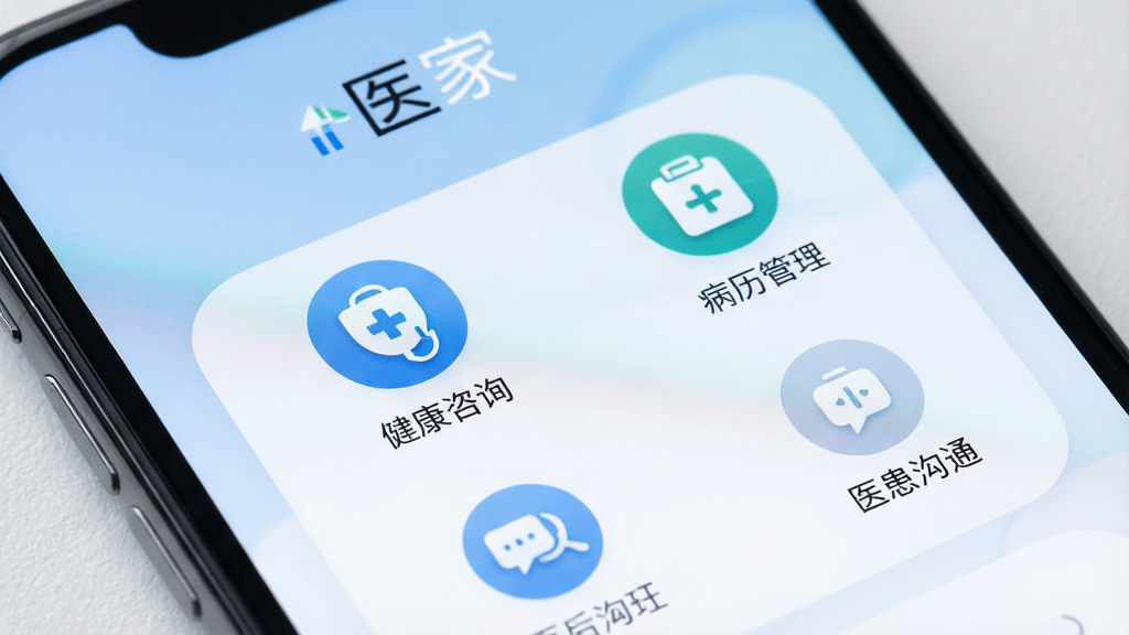 一张智能手机屏幕特写,屏幕上清晰显示“医家”APP主界面,包含健康咨询、病历管理、医患沟通等图标,背景为柔和的蓝白色调,界面布局整洁,风格现代简约,细节丰富,画质高清,干净无多余元素