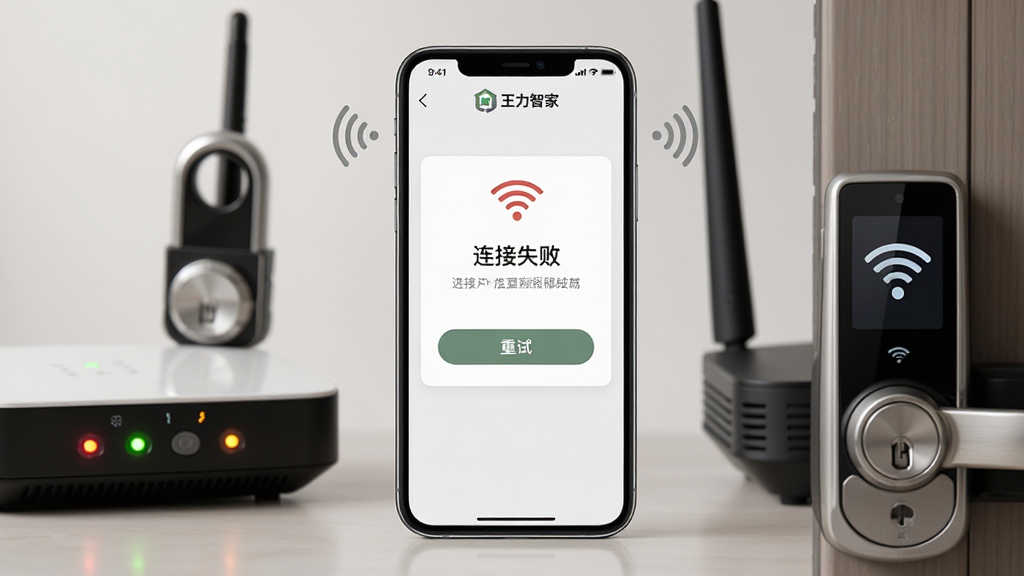 主体:一部手机显示王力智家App的故障排查界面,旁边有门锁和路由器。布局:手机屏幕居中,显示“连接失败”提示与重试按钮,周围有信号图标。排版:界面文字清晰,有“王力智家”Logo。风格:写实,光线柔和。细节:路由器指示灯闪烁,门锁屏幕显示Wi-Fi符号。画质:高清晰度,干净无多余元素。