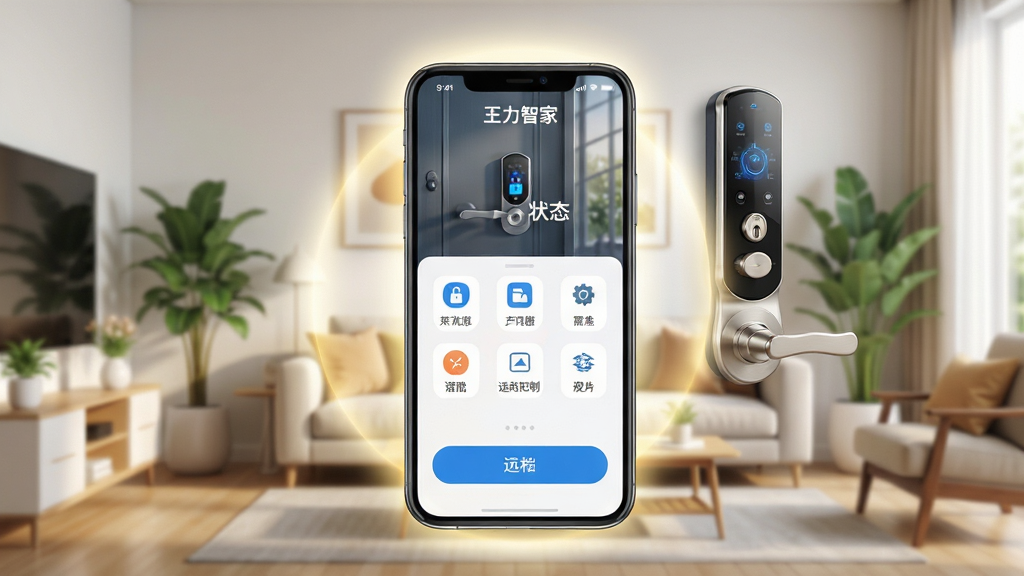主体:王力智家App界面在智能手机上展示,背景是温馨的现代家居客厅,智能门锁特写。布局:手机屏幕居中,界面显示门锁状态和远程控制按钮,周围有柔和的光晕和家庭生活元素。排版:手机界面清晰可见“王力智家”字样,功能图标排列整齐。风格:写实与科技感结合,明亮通透。细节:门锁金属质感,屏幕反射自然光,室内绿植点缀。画质:高清渲染,色彩真实,干净无多余元素。