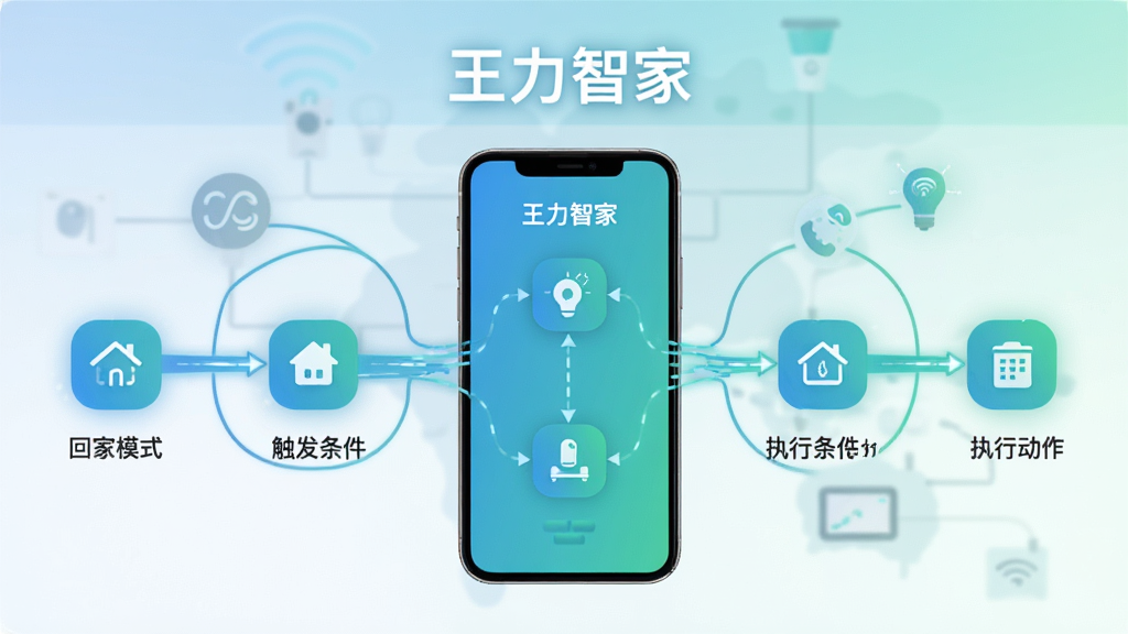 主体:王力智家App的场景自动化设置面板,背景是智能家居系统连接图。布局:界面以流程图形式展示“回家模式”触发条件与执行动作,手机置于中央。排版:顶部有“王力智家”字样,下方是设备图标串联。风格:简约扁平化,蓝绿渐变。细节:图标带发光线条,模拟数据流动效果。画质:清晰矢量风格,干净无多余元素。
