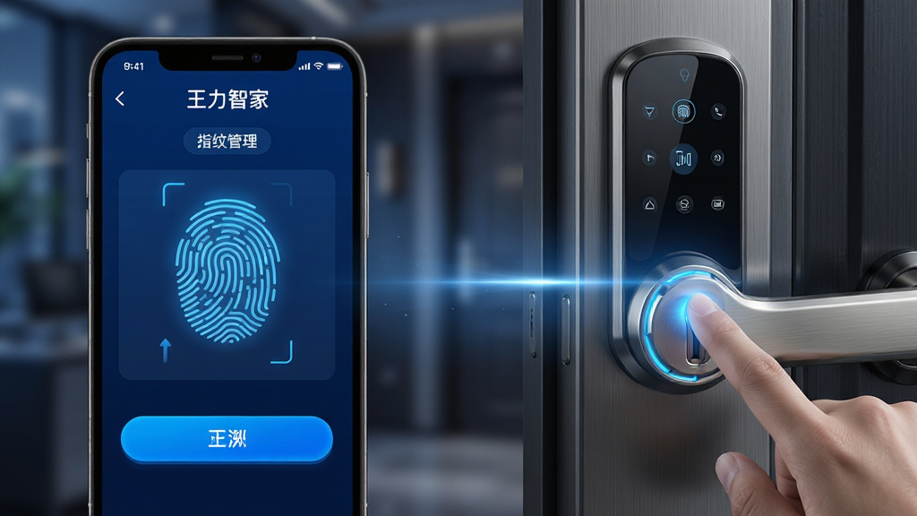 主体:王力智家App的指纹管理界面与智能门锁实景结合,手指触碰锁具。布局:左侧为手机界面展示指纹录入动画,右侧为门锁特写,中间用光线连接。排版:界面显示“王力智家”和“指纹管理”标签,操作按钮醒目。风格:科技感与安全感,深蓝主色调。细节:指纹图案发光,门锁金属拉丝纹理,背景虚化。画质:超清渲染,光影层次丰富,干净无多余元素。
