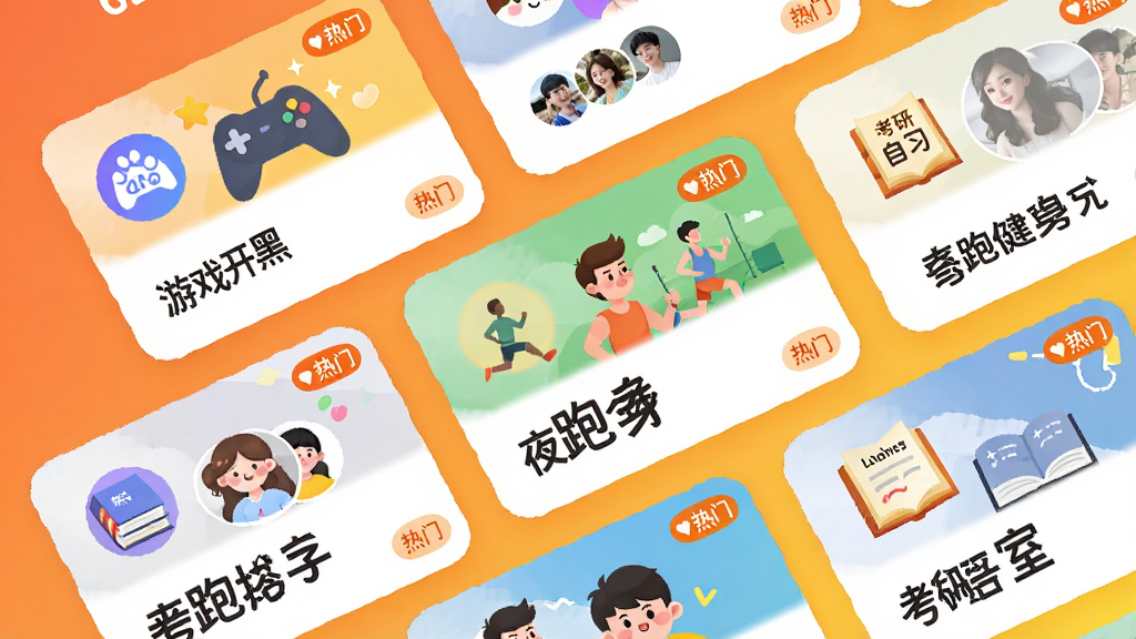 ���壺�ٶȴ���APP����ȤȦ��ҳ�棬չʾ���Ȧ�ӵ���ڿ�Ƭ�����֣���Ƭʽ���֣��������£�����Ϊ��ů�ĳ�ɫ�ͻ�ɫ���䡣�Ű棺ÿ����Ƭ����ͼ������ƣ����硰��Ϸ���ڡ���ҹ�ܽ�������������ϰ�ҡ�����񣺻��ÿɰ���ɫ��������ϸ�ڣ���Ƭ���г�Աͷ����Ӻ͡����š���ǩ�����ʣ����壬�ɾ����޶���Ԫ�ء�