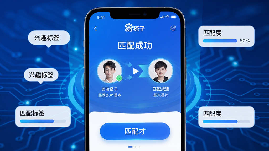 ���壺�ٶȴ���APP������ƥ�书����ʾ���ֻ���Ļ���������û�ͷ��ƥ��ɹ����������֣��ֻ���Ļ���У�����Ϊ��ɫ�Ƽ��й�Ч����Χ�С���Ȥ��ǩ���͡�ƥ��ȡ����������Ű棺����������ƥ�䰴ť��Ŀ������ִ��Ƽ��磬ɫ������ɫ�Ͱ�ɫΪ����ϸ�ڣ���Ļ����ʾ��ƥ��ɹ��������������û��Ļ�����Ϣ�����ʣ����壬�ɾ����޶���Ԫ�ء�