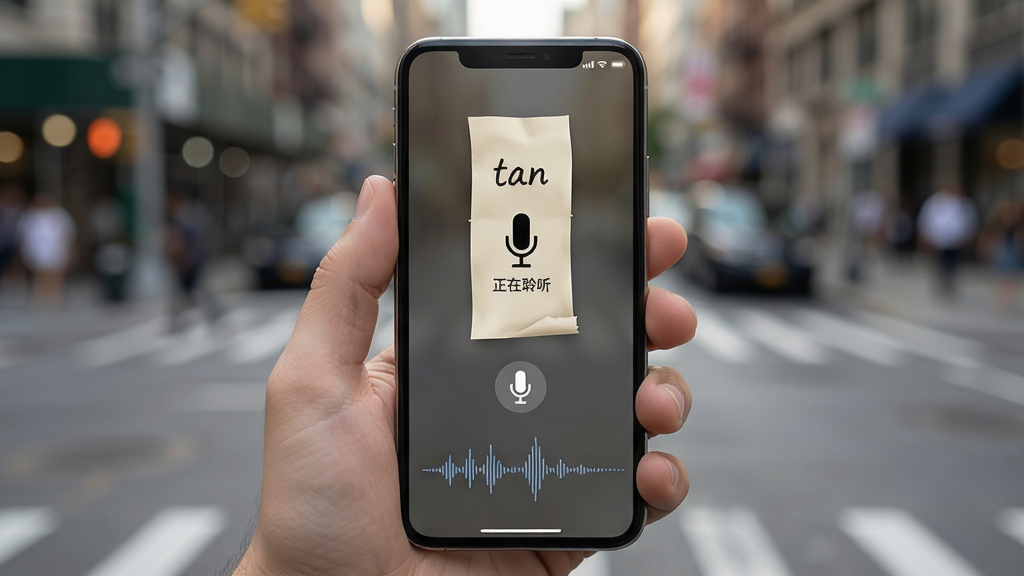 主体:一只手拿着手机,屏幕显示tan纸条的语音输入界面,有一个麦克风图标和“正在聆听”文字,同时有语音波形动画。布局:手机占据画面中心,背景虚化的城市街道,暗示移动场景。风格:写实风格,光线自然,手机屏幕内容清晰可见。画质:高分辨率,细节丰富,干净无冗余元素。