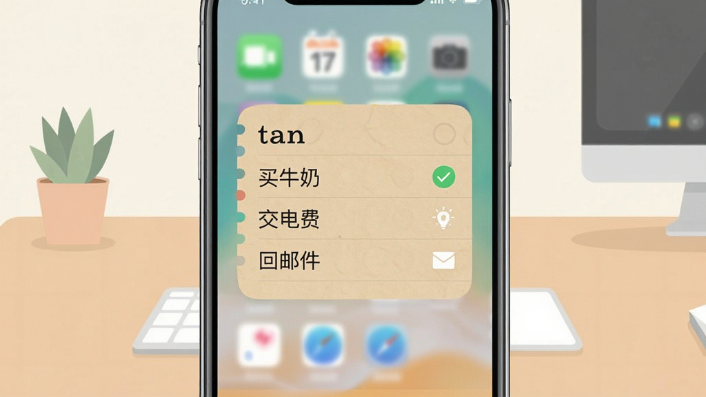 主体:手机桌面截图,显示tan纸条的桌面小组件,组件上清晰列出“买牛奶”、“交电费”、“回邮件”三条待办事项,并带有勾选圆圈。布局:手机位于画面中央,背景是简洁的桌面壁纸。风格:扁平化设计,色彩柔和。画质:清晰,干净,无多余元素。