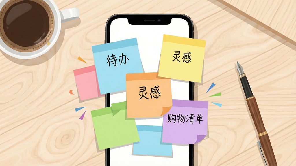 主体:tan纸条应用的主界面展示,手机屏幕中央悬浮着多张彩色便签纸,上面写有“待办”、“灵感”、“购物清单”等字样,布局错落有致。背景是淡雅的木纹桌面,搭配一杯咖啡和一支笔。排版:采用俯视角度,突出手机屏幕内容,便签纸大小不一,颜色柔和。风格:扁平化插画风格,色彩明亮清新,细节丰富。画质:高清,干净,无多余元素。