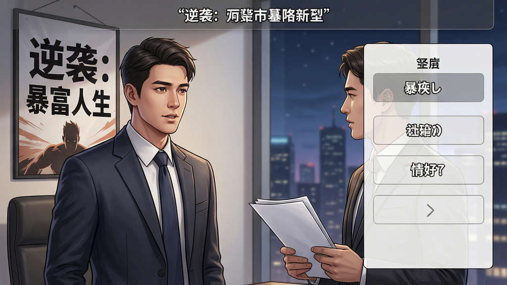 主体:剧情对话场景,主角与商业伙伴在办公室交谈,背景墙上挂有“逆袭:暴富人生”海报。布局:左侧为主角半身像,右侧为对话选项框,顶部为剧情标题栏。风格:写实漫画风,光影柔和,表情生动。细节:主角西装革履,对方手持文件,窗外城市夜景。画质:高清渲染,细节丰富,干净无多余元素。