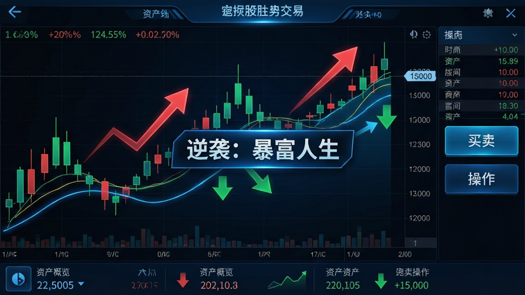 主体:游戏内股票交易界面,显示K线图和数据面板,中央为“逆袭:暴富人生”小标识。布局:K线图占据画面主体,右侧为买卖操作按钮,底部为资产概览。风格:科技感蓝黑配色,数据清晰,动态线条。细节:红色上涨箭头与绿色下跌箭头交错,数字滚动更新。画质:高清流畅,界面干净,无多余元素。