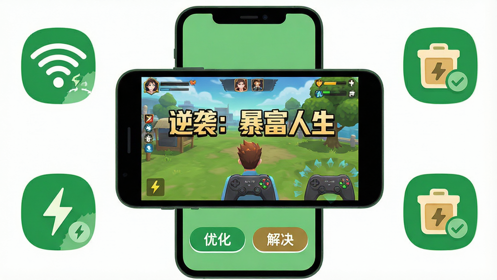 主体:手机屏幕展示游戏运行画面,画面中央为“逆袭:暴富人生”游戏界面,周围环绕WiFi、充电、清理缓存图标。布局:手机居中,图标分布在四周,底部有“优化”“解决”按钮。风格:简洁扁平化,绿色调为主,友好亲切。细节:WiFi信号满格,缓存清理动画,游戏界面清晰可见。画质:高清矢量,干净无多余元素。