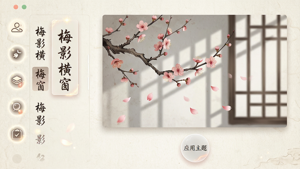 ���壺�봰��ӰӦ�õ������л����棬�����ʾ�����б����Ҳ�ΪԤ����ͼ����ǰѡ�С�÷Ӱ�ᴰ�����⣬��Ļ��÷��֦�ɺ�б������ͶӰ�߲������֣�����������ҷ���������б��������ţ��Ҳ��ͼԤ�����ײ��С�Ӧ�����⡱��ť���Ű棺����Ϊ�鷨�壬��ťΪ��͸��Բ�Σ��������׳��㡣��񣺹ŷ�UI��ƣ�ֽ������������������ɫ��ϸ�ڣ�÷���궯̬Ʈ�䣬ͼ����΢����˸���л��������������ʣ����壬�ɾ����޶���Ԫ�ء�