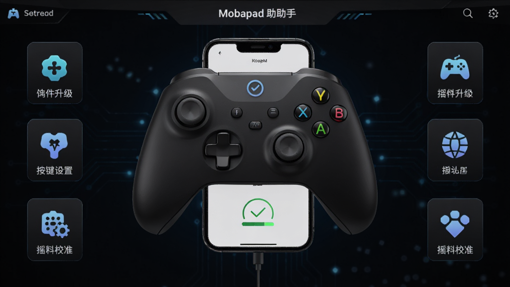 Mobapad 手柄助手主界面,采用深色科技感设计,中央展示一款黑色游戏手柄与手机连接成功状态,四周环绕固件升级、按键设置、摇杆校准等功能图标,布局清晰,排版简洁,风格现代,细节丰富,画质干净,无多余元素。