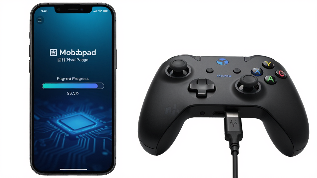 Mobapad 固件升级页面,手机屏幕显示升级进度条,旁边有一款手柄连接数据线,背景为渐变蓝色科技光效,主体突出,布局居中,风格写实,细节丰富,画质高清,干净无多余元素。