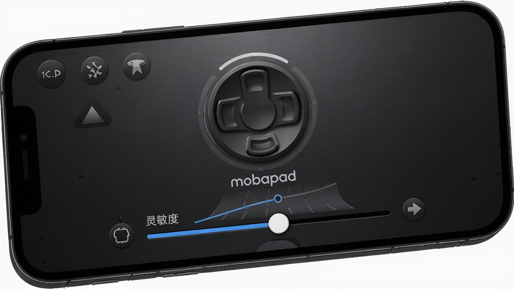 Mobapad 摇杆调节界面,手机屏幕显示摇杆圆形图示,下方有灵敏度曲线滑动条,背景为暗色金属质感,主体突出,排版简洁,风格专业,细节丰富,画质干净,无多余元素。
