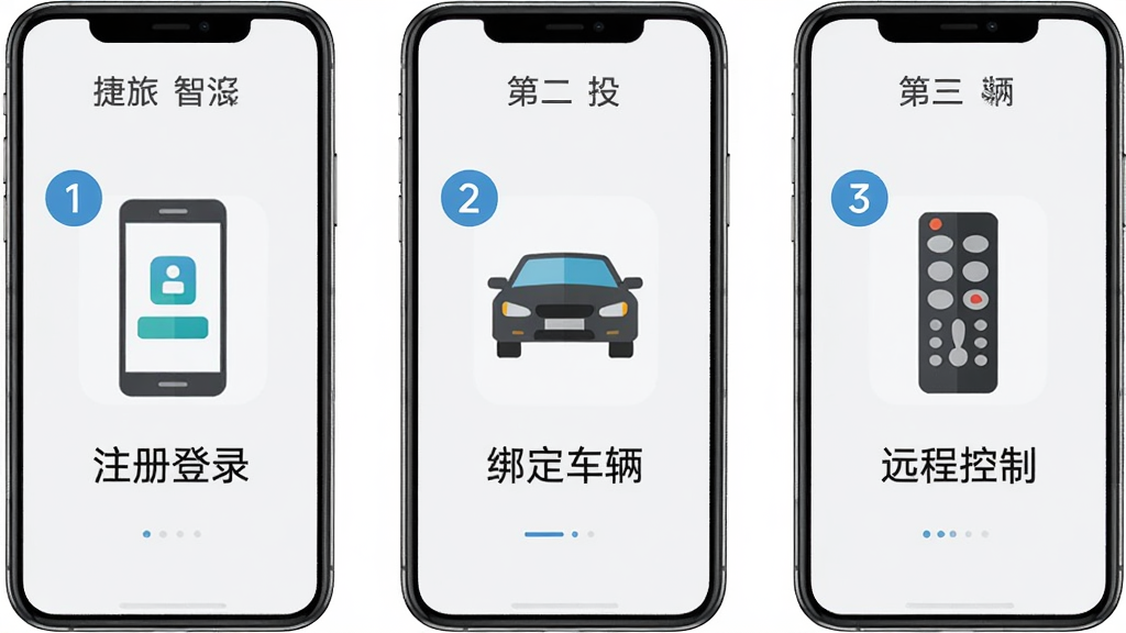 主体:手机竖屏展示“捷途智汇”APP使用步骤,分为三个步骤图标,第一步注册登录,第二步绑定车辆,第三步远程控制。布局:三个步骤横向排列,背景为浅灰色。排版:每个步骤有数字圆圈和文字说明。风格:扁平化图标设计,简洁易懂。细节:步骤图标分别为手机、汽车、遥控器。画质:高清,干净,无多余元素。