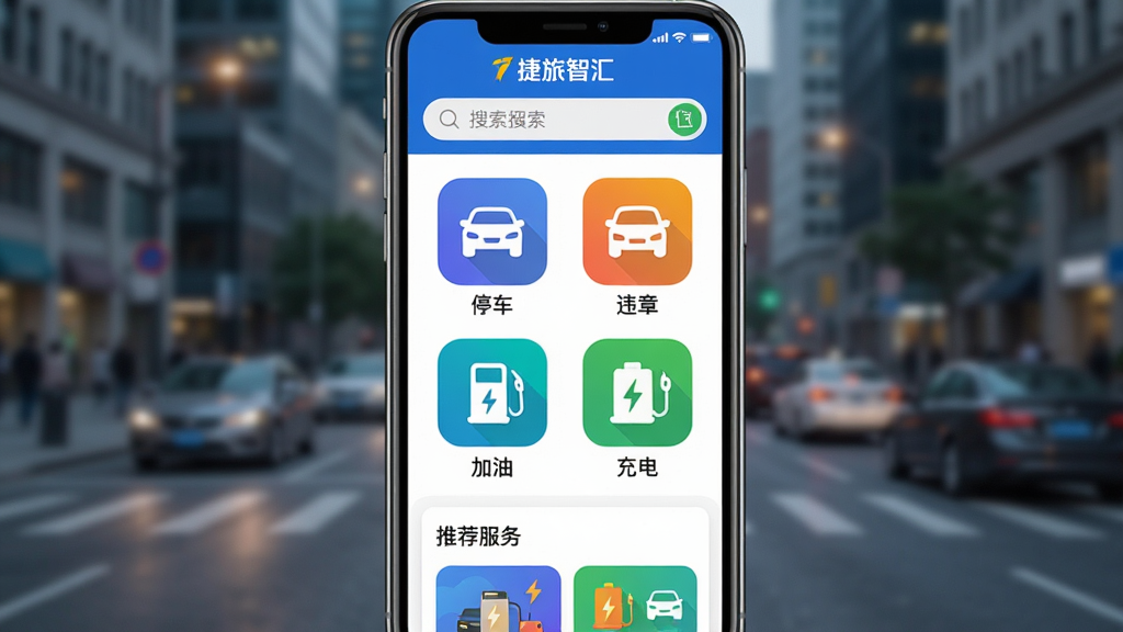 主体:手机屏幕显示“捷途智汇”APP服务页面,顶部为搜索栏,下方为停车、违章、加油、充电等图标。布局:手机竖屏居中,背景为城市街道模糊效果。排版:图标为圆角方形,两列排布,文字清晰。风格:扁平化设计,色彩明快。细节:每个图标下方有名称,页面底部有“推荐服务”卡片。画质:高清,干净,无多余元素。