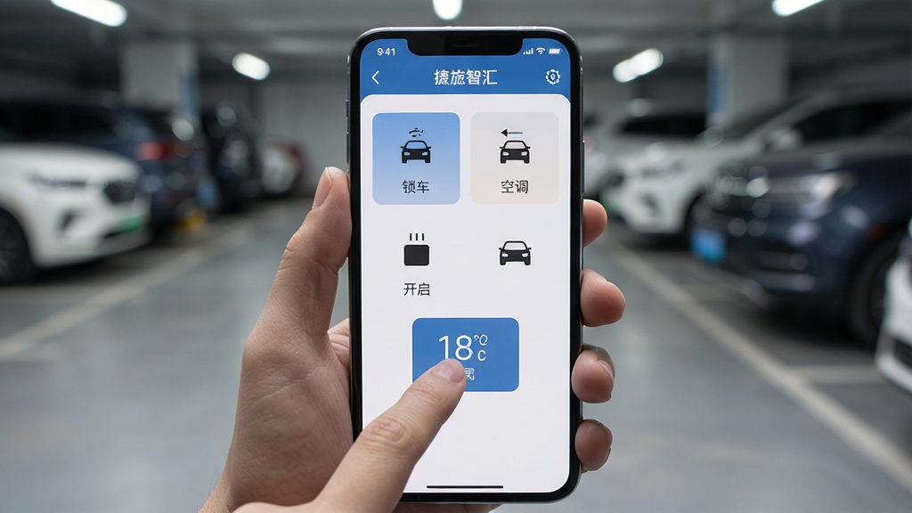 主体:一只手握着智能手机,屏幕显示“捷途智汇”APP远程控制界面,界面中有车辆锁车、空调开启、后备箱开启等图标按钮。布局:手机居中,背景为模糊的停车场环境,车辆在远处。排版:手机界面图标排列整齐,每个图标下方有中文标签。风格:实拍与UI结合,真实感强。细节:手指轻触屏幕空调按钮,界面有温度数字变化。画质:高清,干净,无多余元素。