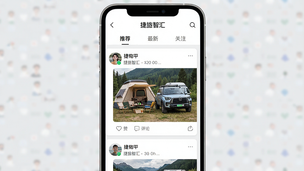 主体:手机屏幕显示“捷途智汇”APP社区页面,顶部有“推荐”“最新”“关注”标签,下方为帖子列表,包含用户头像、昵称和配图。布局:手机居中,背景为浅灰色。排版:帖子卡片式排列,有文字和图片混排。风格:社交软件界面风格,亲和力强。细节:一条帖子配图为捷途汽车户外露营场景,点赞和评论数显示。画质:高清,干净,无多余元素。