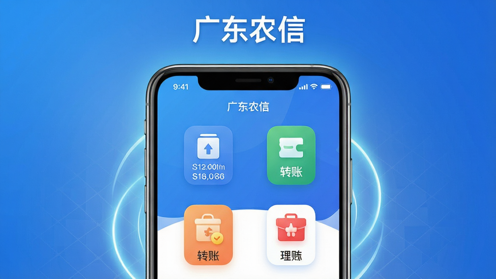 主体:手机屏幕展示广东农信APP主界面,背景为蓝色渐变,界面包含账户余额、转账、理财等图标。布局:手机居中,屏幕内容清晰可见,周围有简洁的光效。排版:手机屏幕占画面主体60%,上方有“广东农信”字样。风格:现代科技感,扁平化设计,色彩明快。细节:屏幕上的数字清晰,图标圆润,背景有微弱的网格纹理。画质:高清渲染,干净无多余元素。