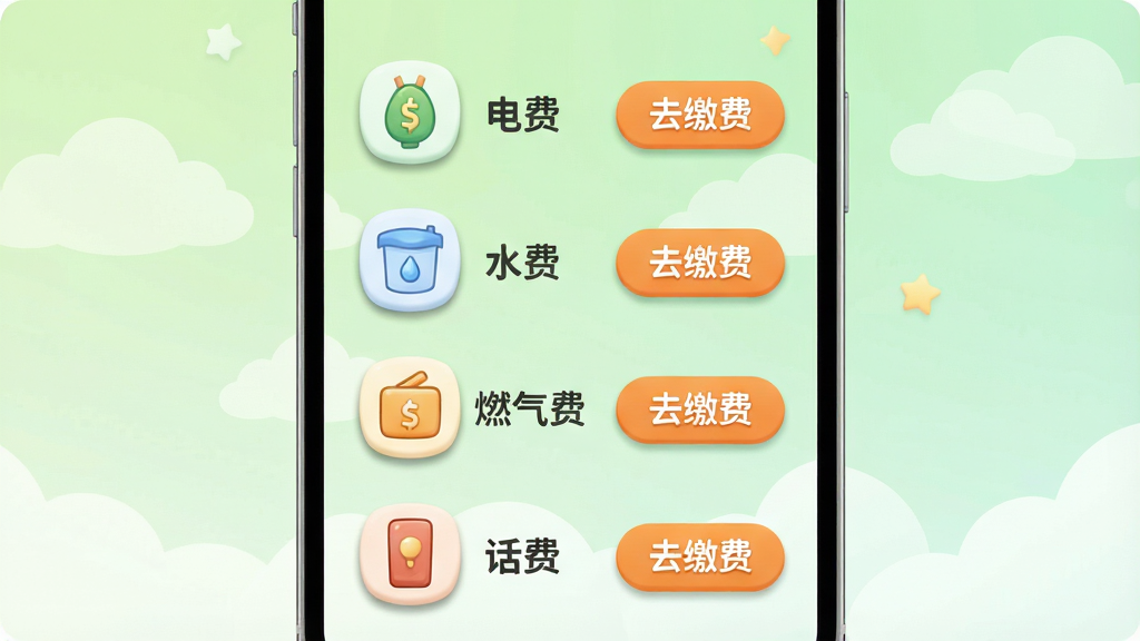 主体:手机界面展示生活缴费列表,包含电费、水费、燃气费、话费四项,每个项目有图标与“去缴费”按钮。布局:手机竖屏居中,列表从上到下排列,背景为浅绿色渐变。排版:图标左对齐,文字右对齐,按钮为圆角矩形。风格:清新卡通风格,色彩柔和。细节:图标有微阴影,按钮颜色为橙色,背景有淡淡的云朵图案。画质:清晰渲染,干净无多余元素。