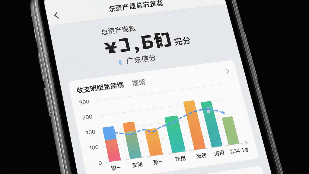主体:手机界面展示广东农信APP账户总览页面,顶部显示总资产数字,下方为收支明细条形图。布局:手机竖屏居中,页面元素从上到下依次排列。排版:总资产数字放大突出,图表色彩鲜艳,背景为浅灰色。风格:数据可视化风格,简洁专业。细节:数字精确到分,图表有坐标轴标注,手机边框金属质感。画质:超清渲染,干净无多余元素。