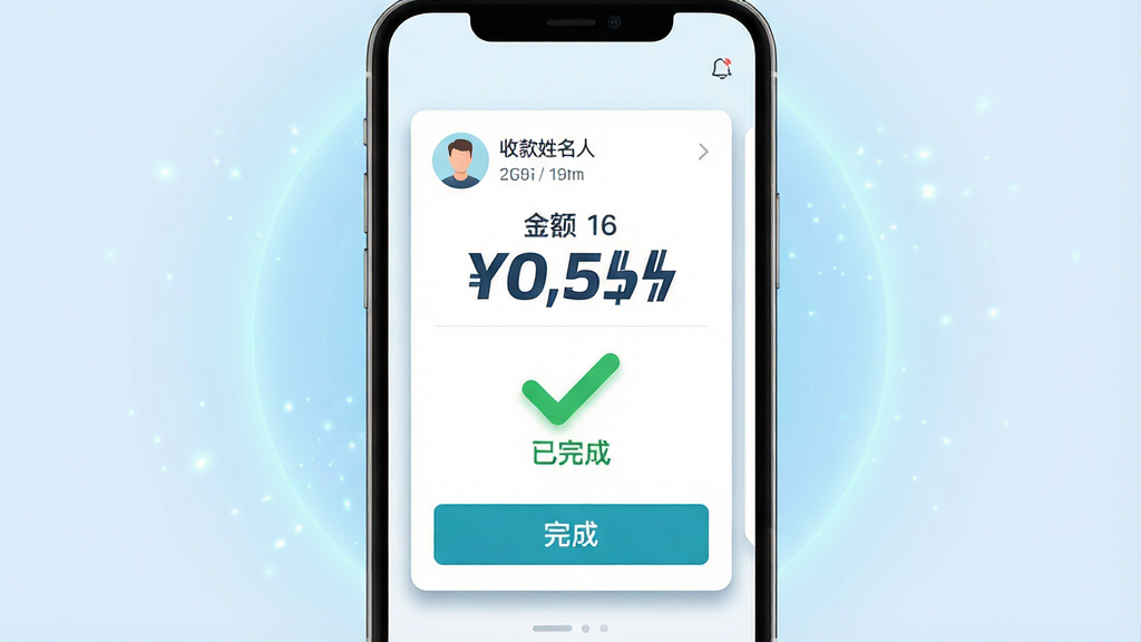 主体:手机界面展示转账成功页面,显示收款人姓名与转账金额,有“已完成”绿色对勾标识。布局:手机屏幕居中,背景为淡蓝色光晕,转账信息卡片突出。排版:金额数字大号加粗,对勾图标醒目,下方有“完成”按钮。风格:清爽商务风,色彩以蓝绿为主。细节:卡片有阴影效果,背景有细微粒子光效。画质:高分辨率渲染,干净无多余元素。