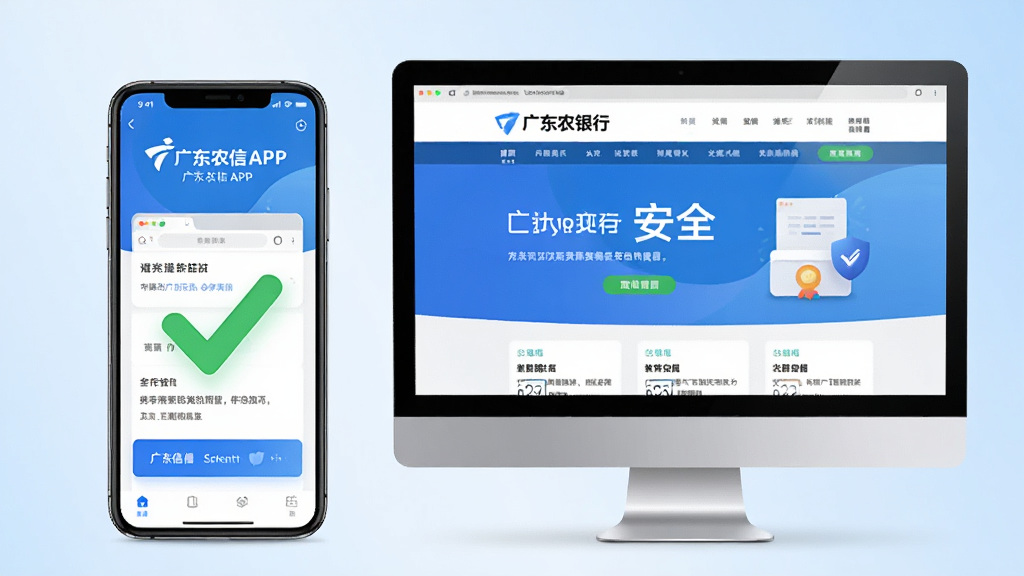 主体:手机与电脑并排,手机屏幕显示广东农信APP主页,电脑屏幕显示银行官网。布局:手机在左,电脑在右,背景为浅蓝色渐变。排版:手机与电脑大小协调,屏幕内容清晰可见。风格:科技商务风,色彩干净明亮。细节:手机上有绿色对勾,电脑屏幕有“安全”字样,整体光线柔和。画质:高清晰度渲染,干净无多余元素。