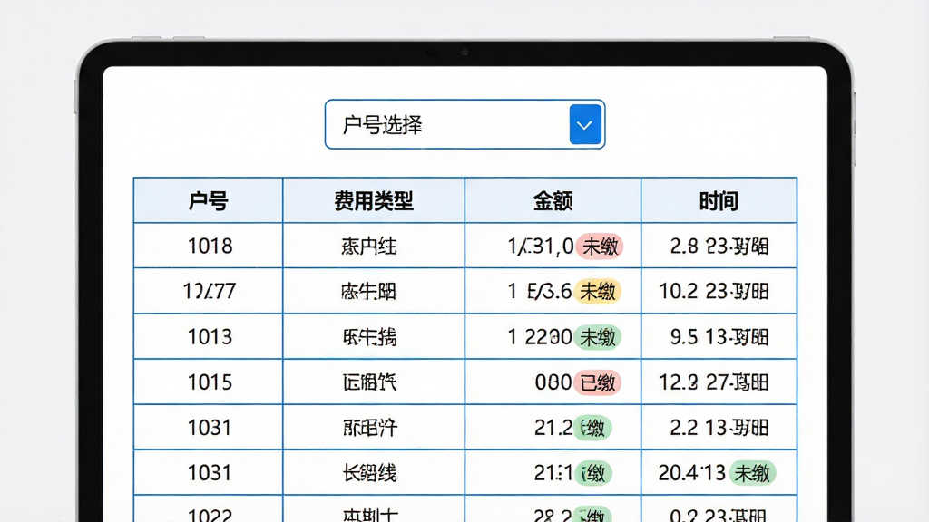 主体:应用内账单详情页面,显示水电费明细表格。布局:页面居中,上方是户号选择,下方是费用明细列表。排版:表格清晰,有“户号”“费用类型”“金额”“时间”等列。风格:简洁商务风格,白色背景,蓝色线条。细节:表格中数字清晰,有“已缴”“未缴”状态标签。画质:高清,干净,无多余元素。