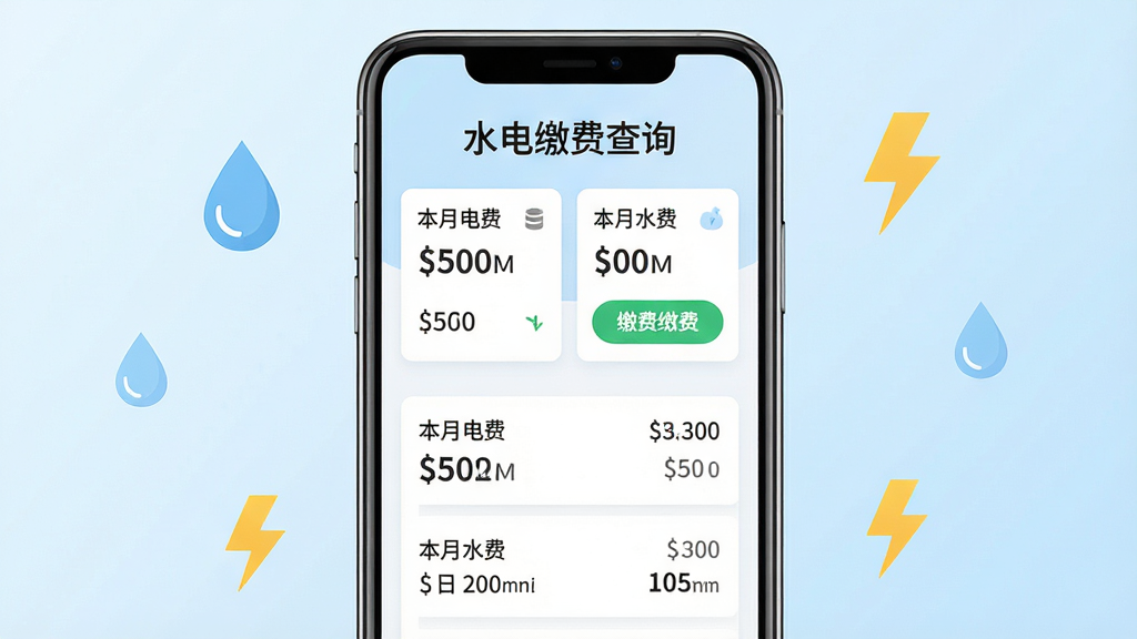 主体:一部智能手机屏幕显示“水电缴费查询”主界面,界面简洁,有水电费账单卡片和缴费按钮。布局:手机居中,背景为淡蓝色渐变,周围有水滴和闪电的图标点缀。排版:手机屏幕内信息清晰,上方有“水电缴费查询”字样,下方是账单列表。风格:扁平化设计,现代感,色调清新。细节:手机屏幕上有“本月电费”“本月水费”等字样,按钮为绿色。画质:高清,干净,无多余元素。