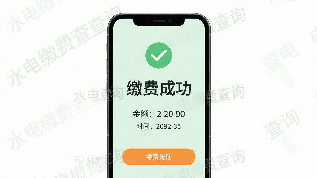 主体:手机支付缴费成功页面,显示“缴费成功”和金额。布局:手机居中,背景为淡绿色,有对勾图标。排版:页面中央有“缴费成功”大字,下方有“金额”“时间”等信息。风格:明亮清新,扁平化。细节:有“水电缴费查询”水印字样,按钮为橙色。画质:高清,无多余元素。