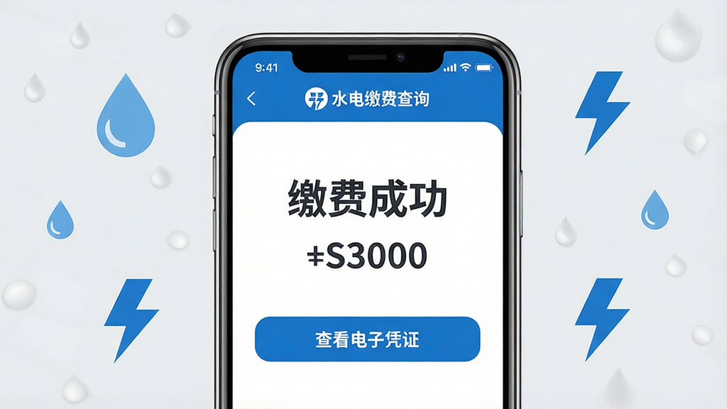 主体:手机截图展示“水电缴费查询”的缴费成功页面,带有“缴费成功”字样。布局:手机居中,背景为浅灰色,周围有水滴和闪电图标。排版:页面中央有“缴费成功”和金额,下面有“查看电子凭证”按钮。风格:简洁商务,蓝色主调。细节:手机屏幕上有“水电缴费查询”logo,按钮为蓝色。画质:高清,无多余元素。