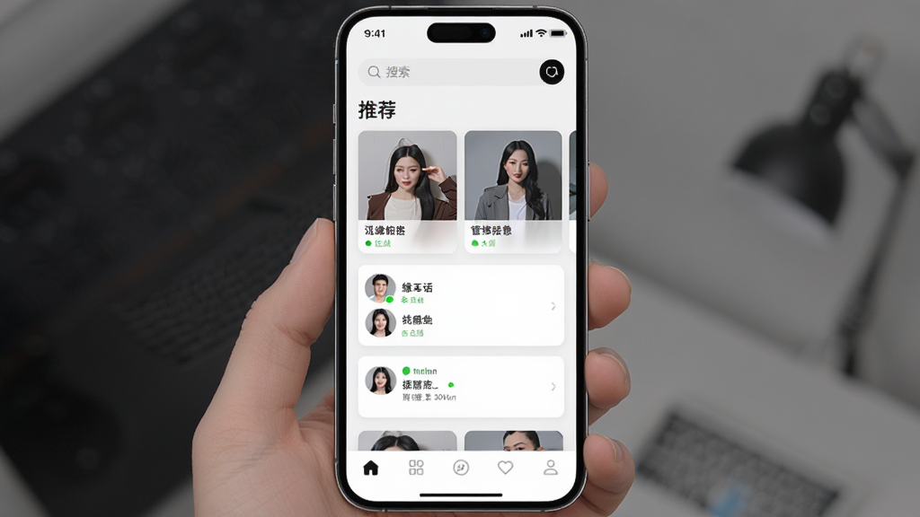 缘话应用界面展示,主体为手机屏幕内显示缘话主页面,上方是搜索栏与推荐卡片,下方是底部导航栏,整体布局简洁清晰,排版以卡片流为主,风格现代时尚,细节包括头像、昵称、在线状态标识,画质高清干净,无多余元素