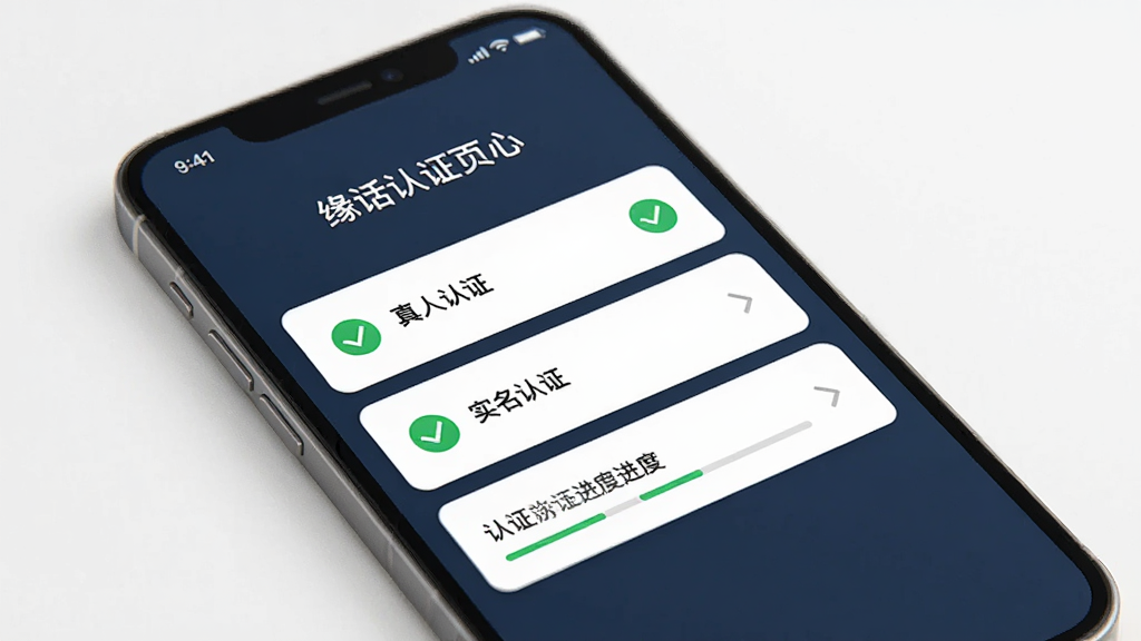 缘话认证页面,主体为手机屏幕显示认证中心,列出真人认证、实名认证等选项,布局为列表形式,排版整齐,风格简约商务,细节包括已认证的绿色对勾图标与认证进度条,画质干净清晰,无多余元素