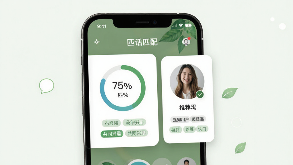 缘话智能匹配界面,主体为手机屏幕展示匹配度百分比与推荐用户卡片,布局采用左右滑动卡片式,排版简洁,风格清新自然,细节包括匹配度环形图与共同兴趣标签,画质清晰干净,无多余元素