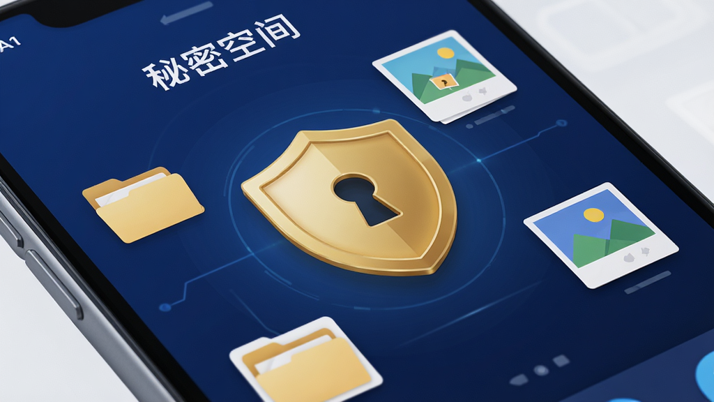 主体为一部智能手机屏幕特写,屏幕内展示名为“秘密空间”的App主界面,界面以深蓝色为主色调,中央有一个金色盾牌图标,盾牌上带有锁孔图案,周围漂浮着若干文件夹和照片缩略图,布局简洁大方,风格现代科技感,细节呈现高清画质,干净无多余元素,文字标注“秘密空间”