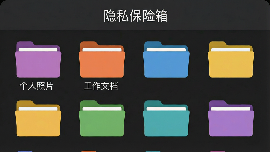 一张智能手机屏幕截图,展示“秘密空间”App内的隐私保险箱界面,界面以深灰色背景为主,上方有“隐私保险箱”标题字样,下方排列着多个彩色文件夹图标,每个文件夹上标有名称如“个人照片”、“工作文档”等,布局规整,风格简洁明了,画质清晰,干净无多余元素