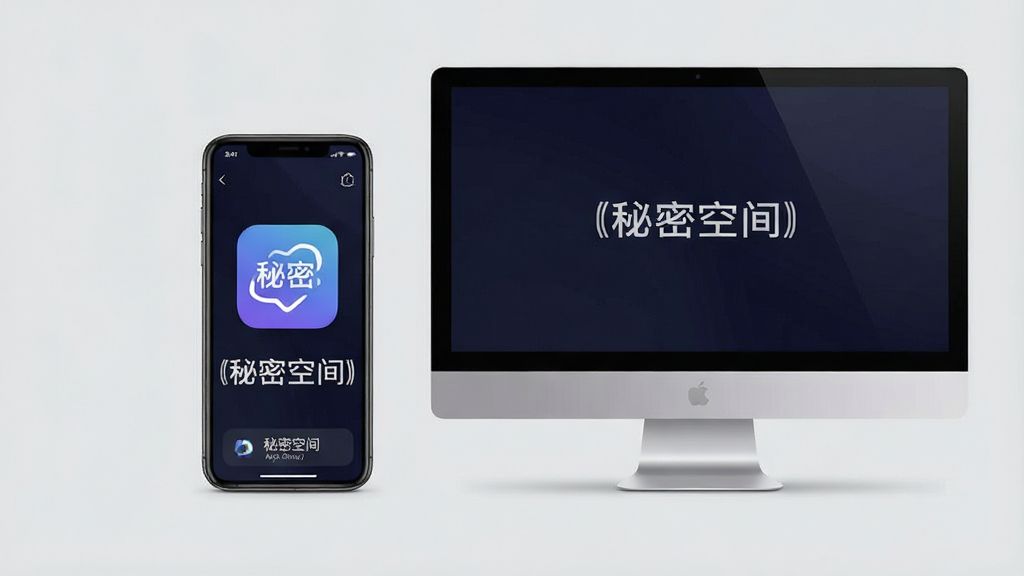 一张智能手机与电脑并排的图片,屏幕中显示“秘密空间”App界面,背景为浅灰色,风格简洁,画质清晰,干净无多余元素