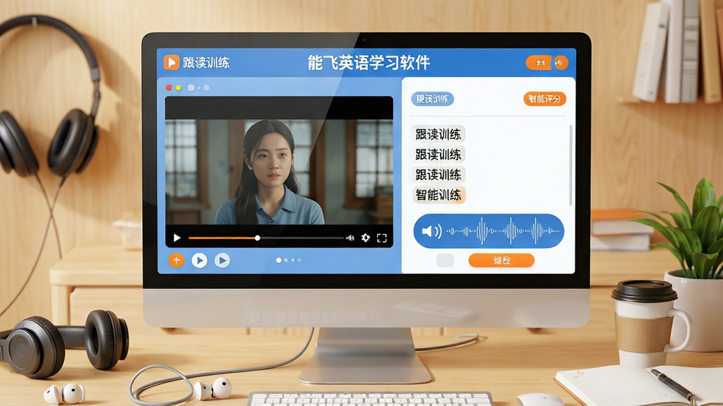 主体:能飞英语学习软件在电脑屏幕上的界面特写,屏幕中显示电影片段跟读练习场景,左侧为视频播放区,右侧为逐句字幕与录音波形对比。布局:居中构图,界面清晰展示软件名称“能飞英语学习软件”字样,背景为温暖的浅木色书桌,摆放耳机和笔记本。排版:屏幕内容占比约70%,周围留白舒适,文字标签“跟读训练”“智能评分”点缀界面。风格:扁平化结合轻微拟物,色彩明快,主色调为蓝色与白色,点缀橙色高亮按钮。细节:屏幕反光自然,界面图标精致,耳机电线柔和垂下,桌面有咖啡杯和绿植。画质:超高清4K,细节丰富,画面干净,无多余元素。